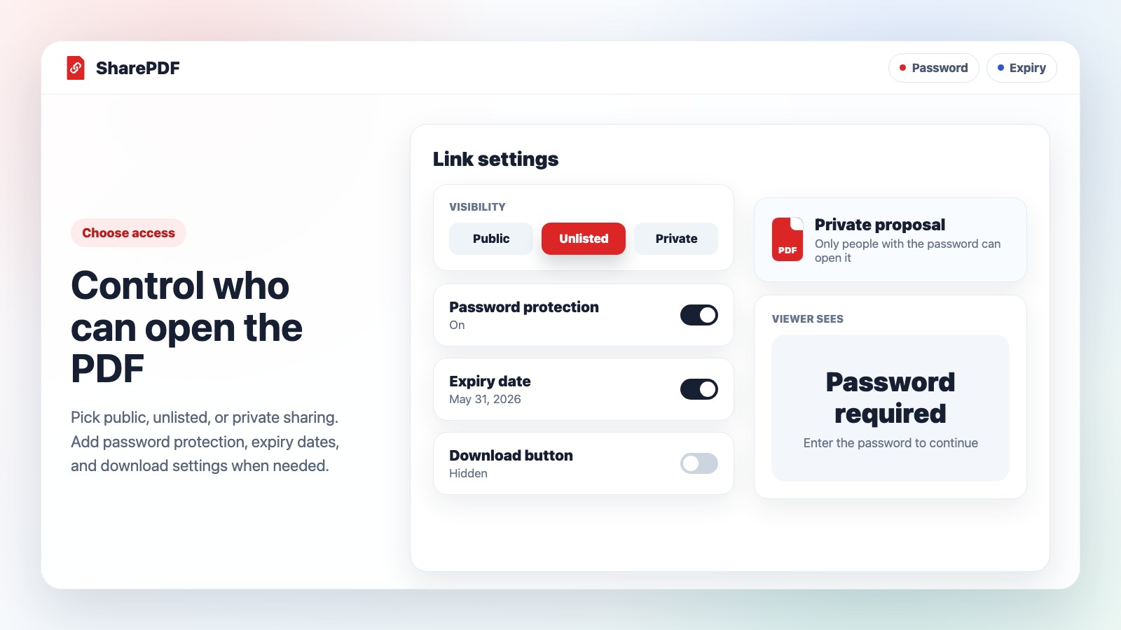 SharePDF access settings for visibility, password, expiry, and download control