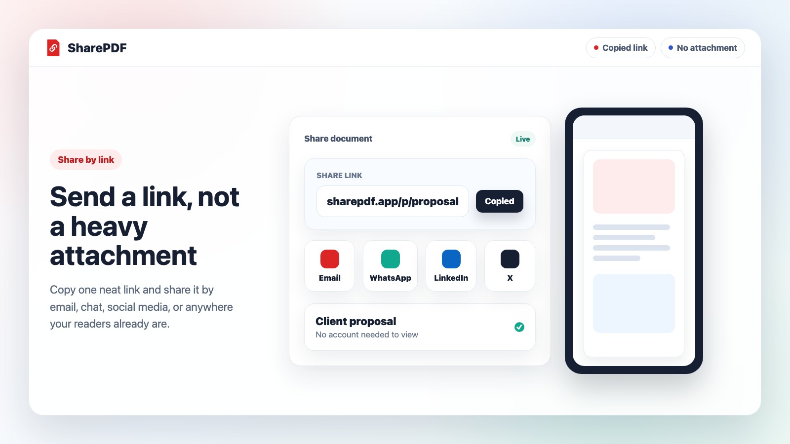 SharePDF share panel with a clean PDF link and sharing options