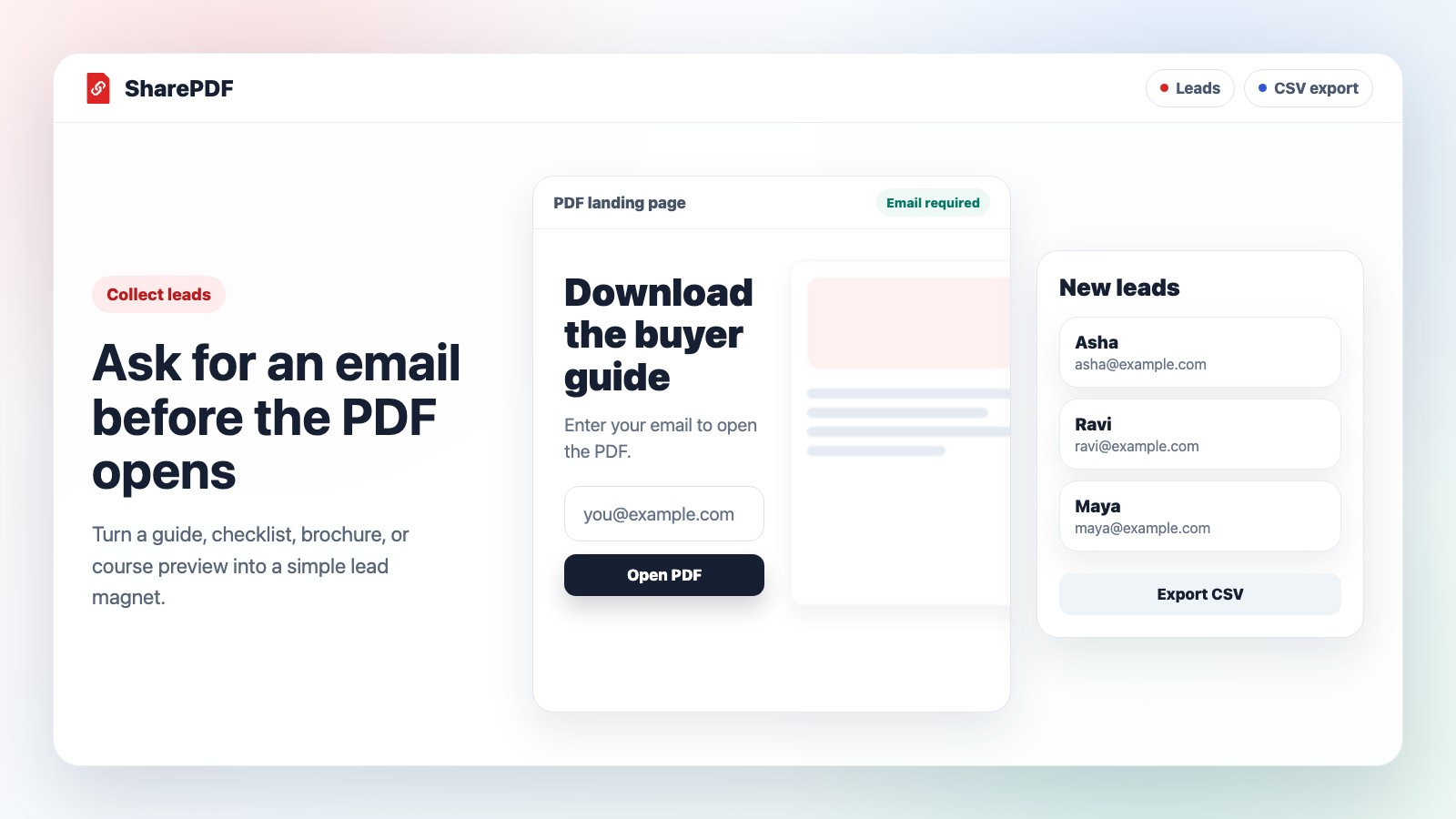 SharePDF email capture page with a viewer form and leads list