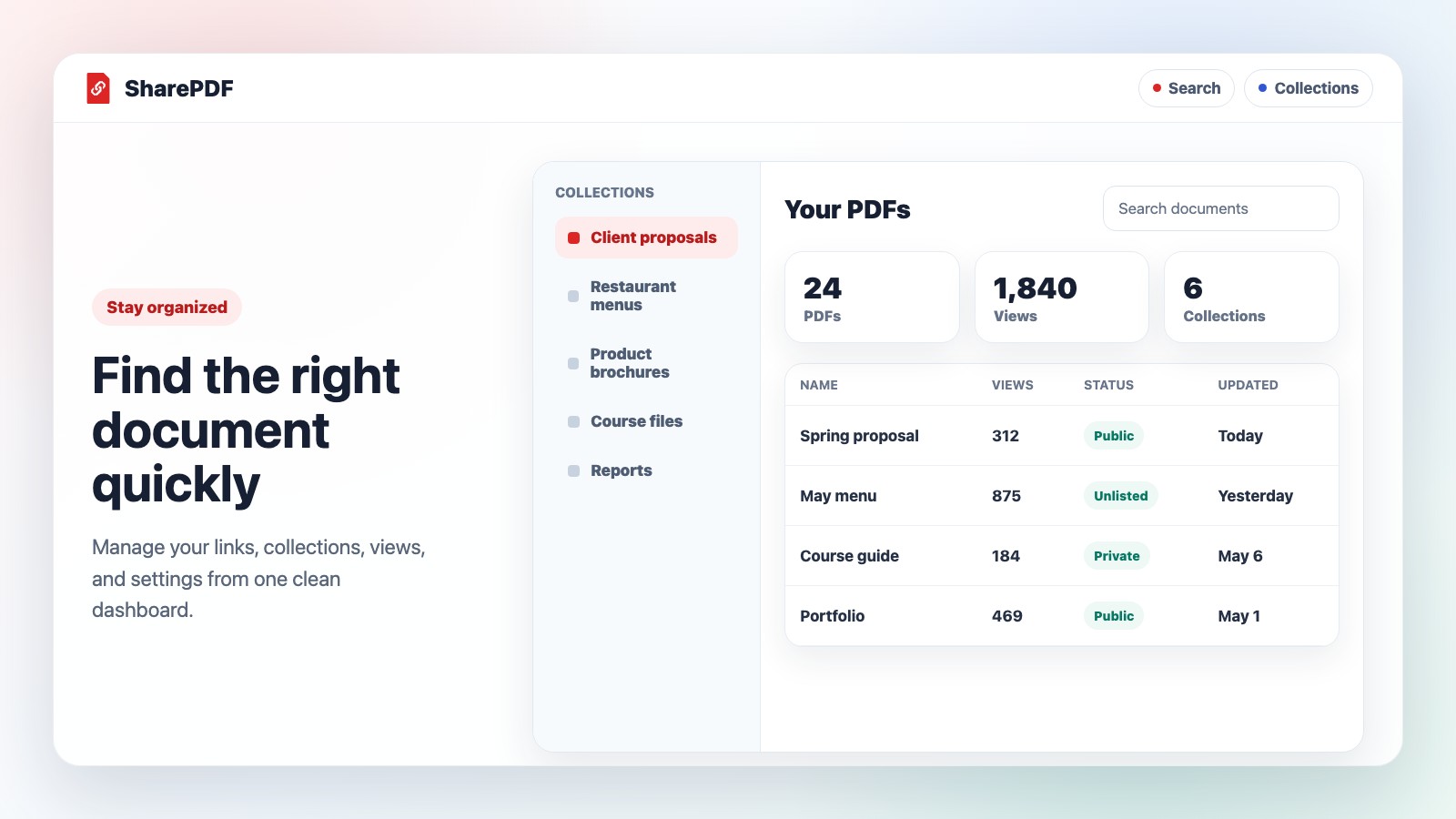 SharePDF dashboard with collections, search, view counts, and document rows