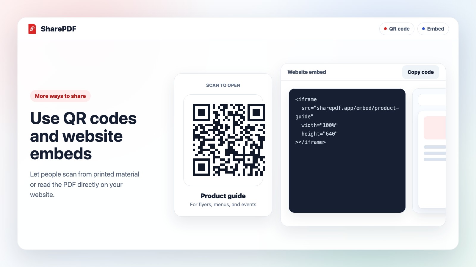 SharePDF QR code and website embed options for a shared PDF