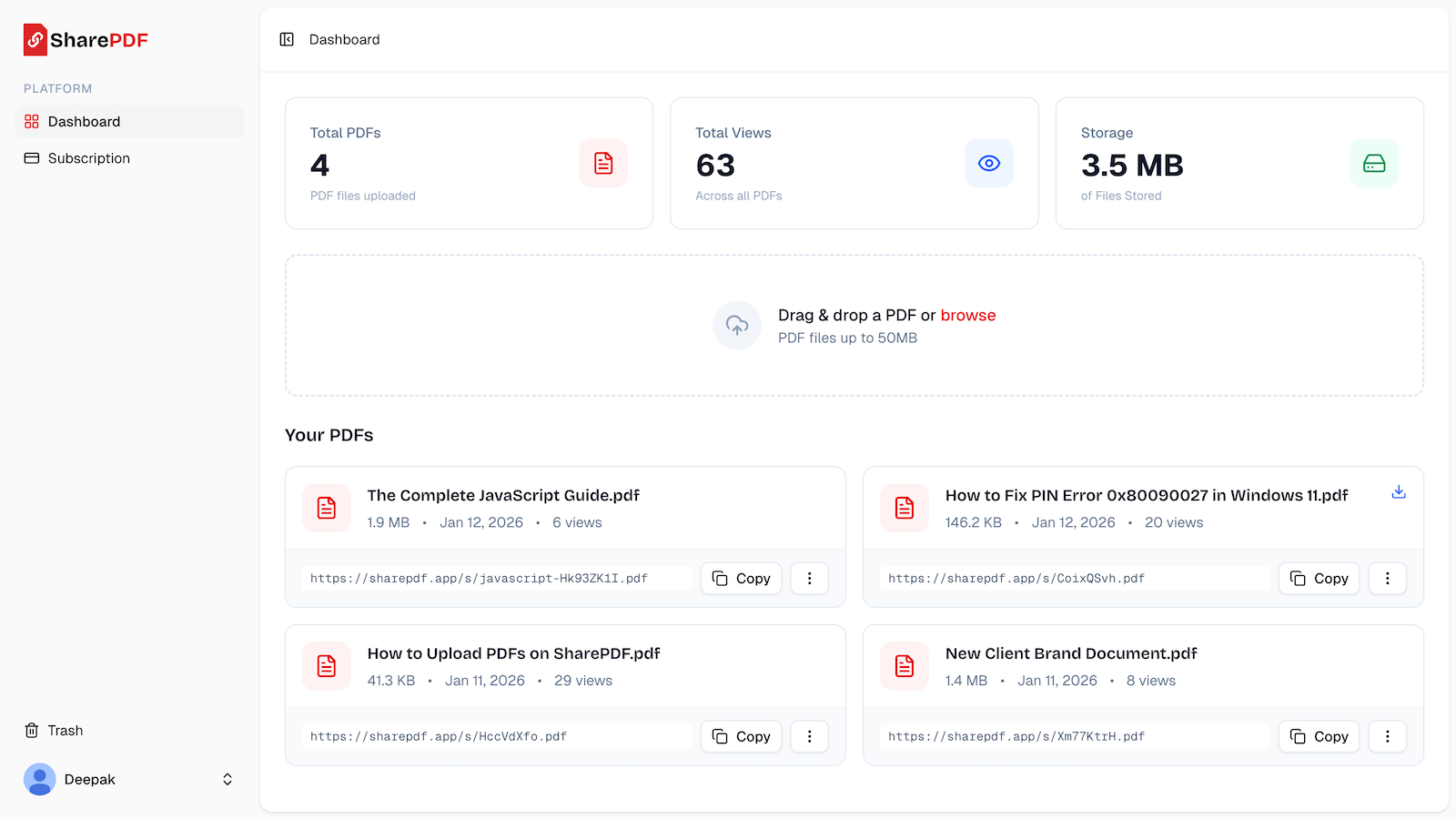 SharePDF dashboard showing PDF upload list with view analytics and shareable links